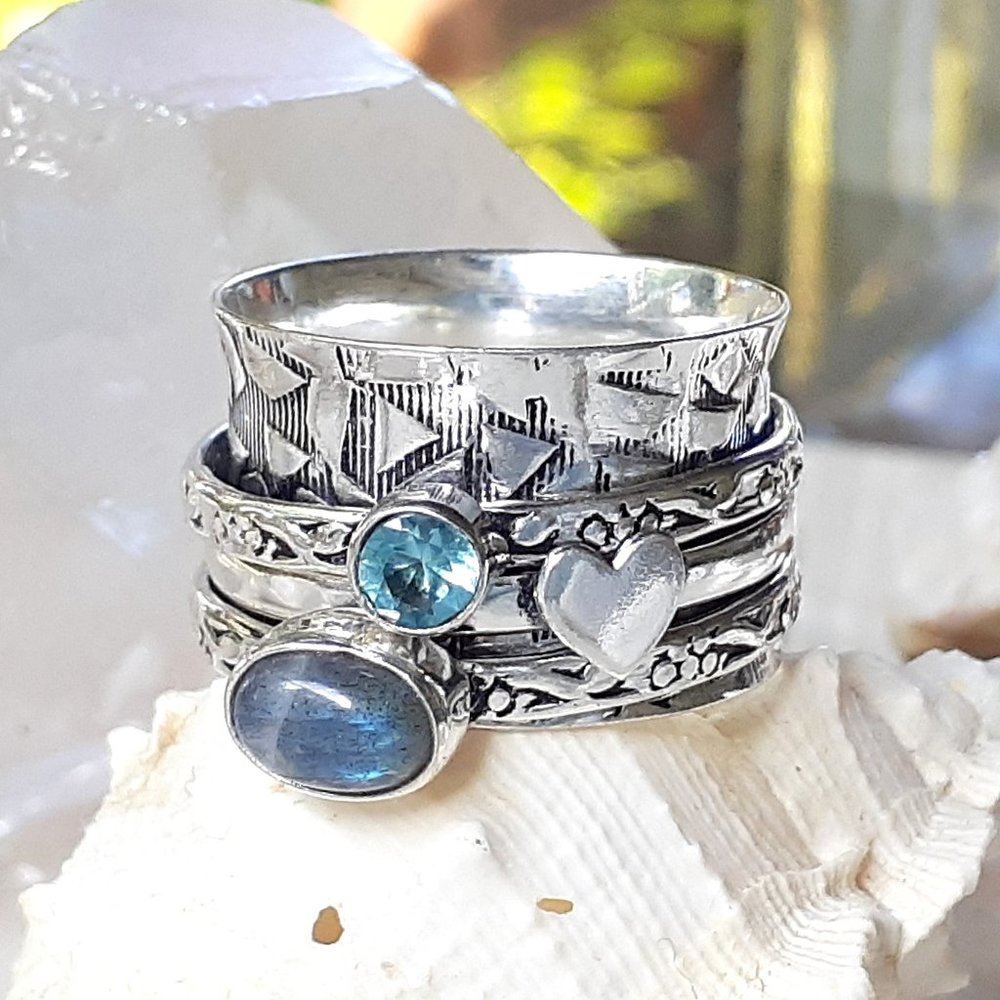 925 Sterling Moonstone & Sapphire Spinner Ring - Picture 3 of 11